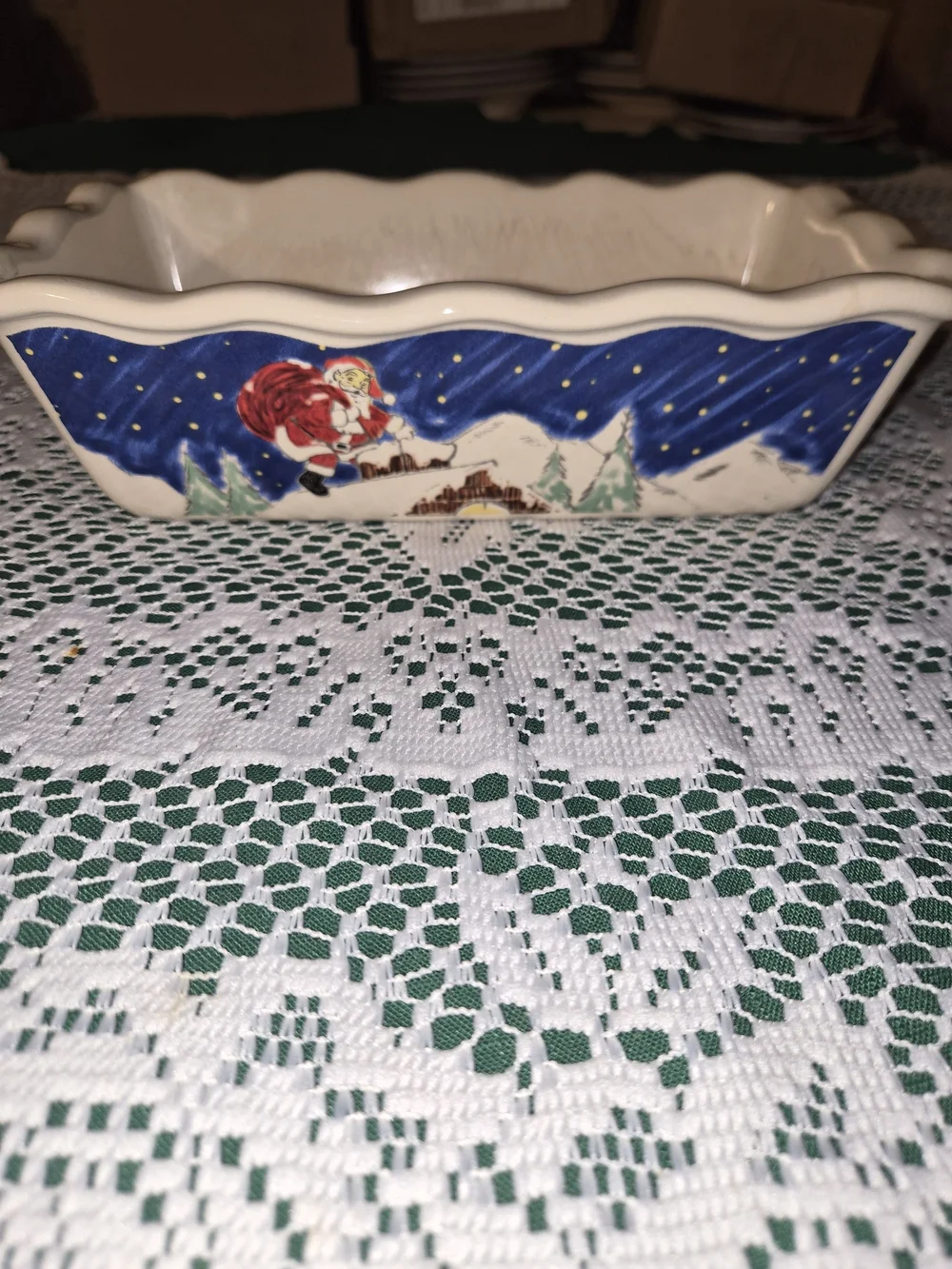 Ceramic Holiday Santa Dish with Blue Night Scene